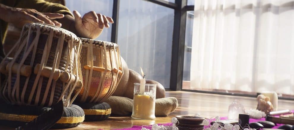 Drum playing at Shamballa Ayahuasca Retreat Huayllabamba Cusco Peru