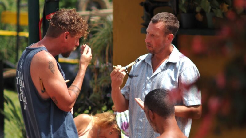 Smoking a ceremonial pipe at Ayahuasca in Colombia retreat in Fredonia Colombia.