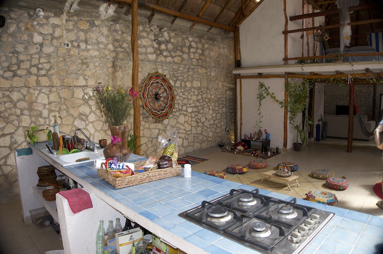 A view of the ceremonial space from the kitchen at Bluaya Psilocybin Retreat in Playa del Carmen, Mexico