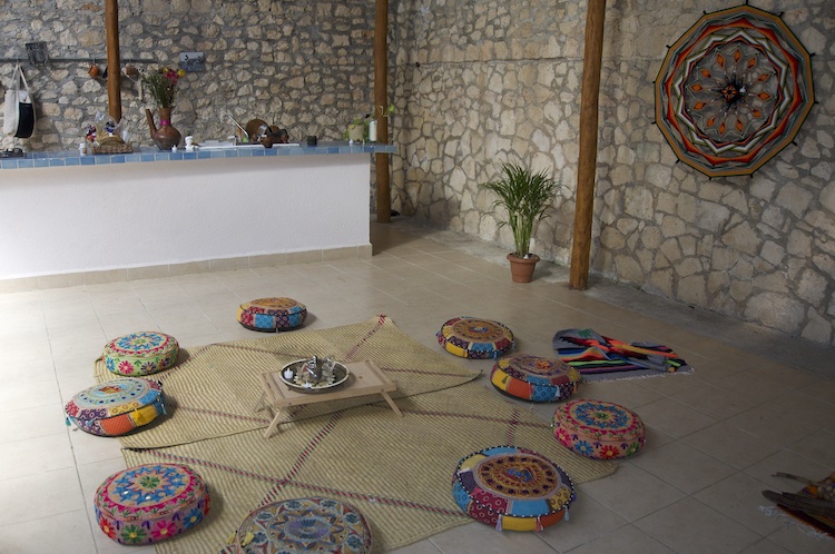 Cushions in the ceremonial space at Bluaya Psilocybin Retreat in Playa del Carmen, Mexico