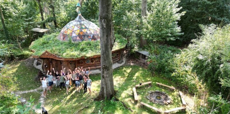 Outside of the nature temple at Earth Awareness Psilocybin Retreat in Teuge, Netherlands