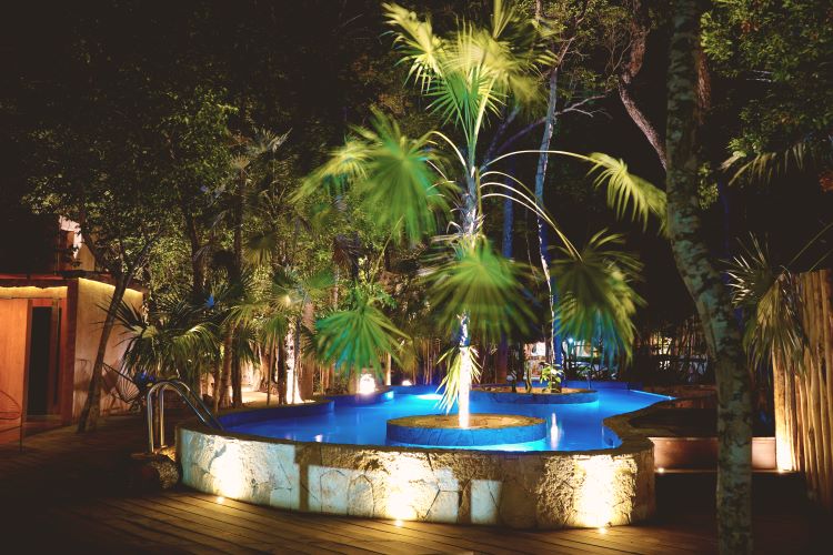 Twinkling waters and starry skies – a breathtaking symphony of night's embrace by the poolside. Dive into the magic at Bufo Alvarius Sanctuary Bufo Alvarius Retreat in Tulum, Mexico