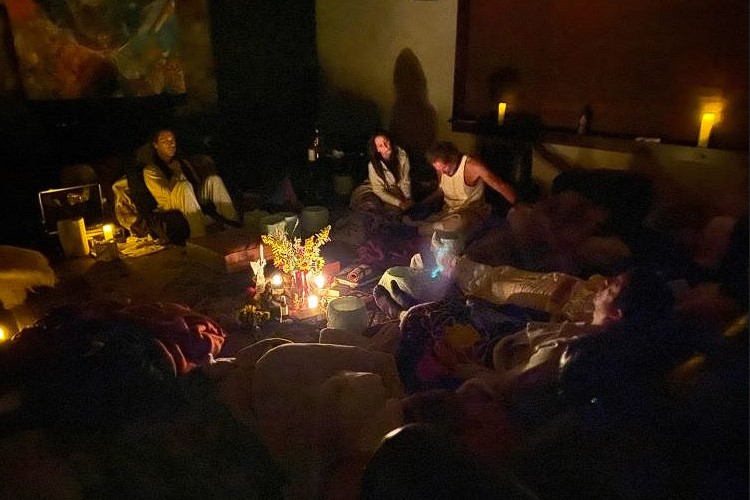 Night's embrace, ceremony's grace. In the hushed room, candles flicker, and souls intertwine here at Church of Eternal Light Psychedelic Retreat in Austin, Texas