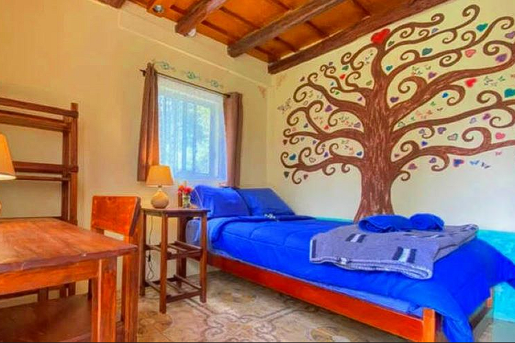 Sweet and neat bed room with unique tree design at Gaia Sagrada Ayahuasca Retreat Cuenca Ecuador