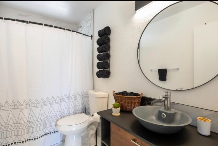 Modern luxury in every detail, the bathroom offers an elegant escape for your senses Nektar Healing Retreat Los Angeles California