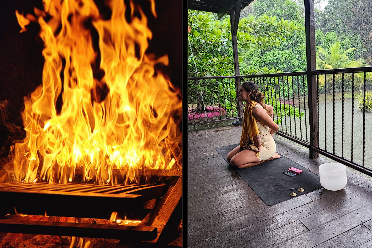 Gathering around the fire, lost in its dance of flames, reflecting on the beauty of life's flickering moments and Flexibility of body, elasticity of mind with yoga at Operation: Heal Our Heroes, A Psilocybin Retreat in Hawaii