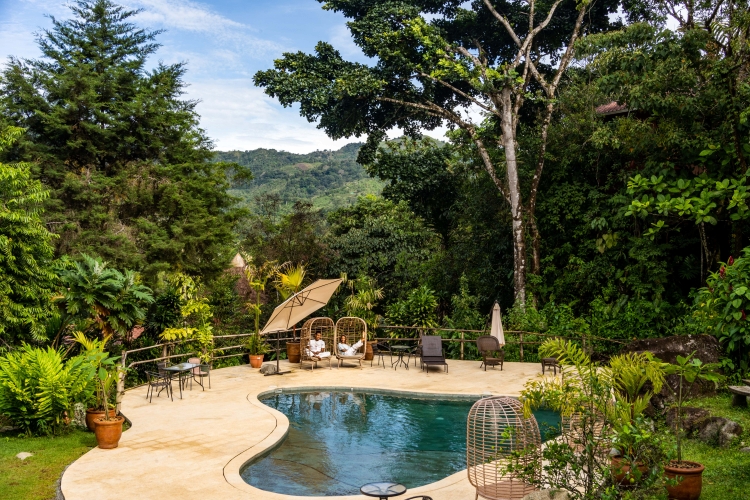 A lush garden at Mushroom Tao psilocybin retreat in Dominical, Costa Rica