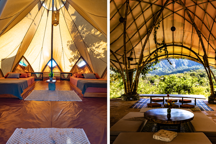 Experience the ultimate blend of adventure and comfort in our tented camp, where cozy bedrooms meet spacious living rooms beneath the canvas at Holos Global Retreat in San José, Costa Rica
