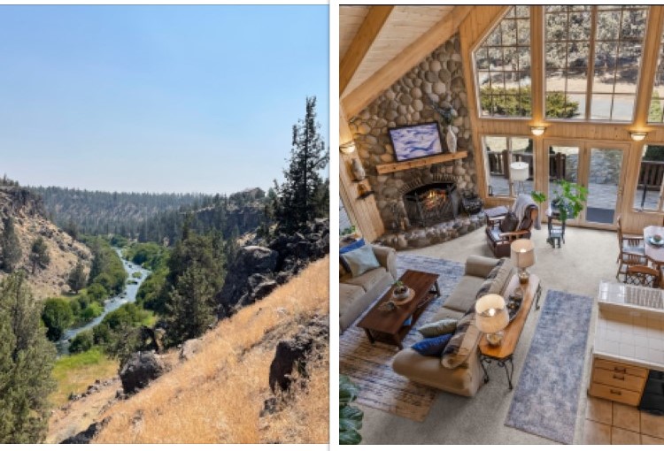 Mountain Haven: A cozy cedar log home on 30 acres, where vaulted ceilings and vast windows offer a breathtaking view of the mountains, centered by a stone fireplace.