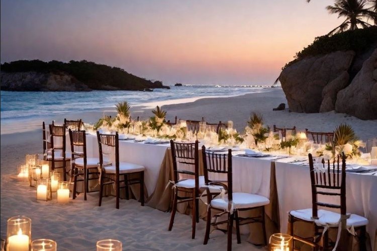 Seaside serenity: A beautifully prepared dinner table awaits on the beach, promising an evening of delightful flavors and soothing ocean breezes during the retreat.